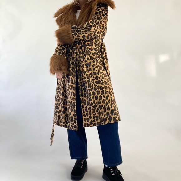 Vintage Jackets & Blazers - Vintage 90’s Faux Fur Leopard Collared Penny Lane Peacoat Faux Fur Trim Belted